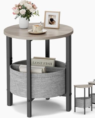 Vagusicc Small Round Side Table End Table, Tall Accent Table with Storage Basket, Set of 2 Half Round Tables Half Moon Tables, Coffee Bedside Tables, Modern Nightstand for Living Room Bedroom, Gray