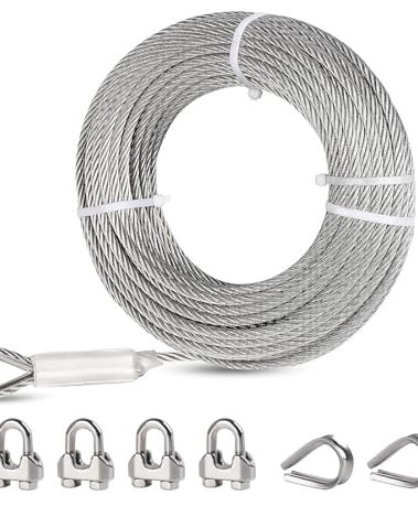 hannger 5/16 Stainless Steel Cable, 25ft, 7x19 Strand Wire Rope, 9000 lbs Break Strength Heavy-Duty Steel Cable with Loops, Clamps & Thimble for Zipline, Boat Lift Cable Replacement, Rigging