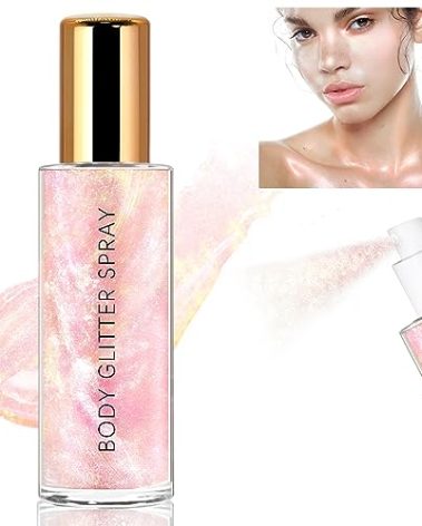 HOSAILY Body Glitter Spray, Moisturizing Bronze Body Shimmer Luminizer Glow Illuminator Quick-Drying and Non-Sticky Liquid Highlighter Spray for Face Hair Glitter, 60ML -Pink