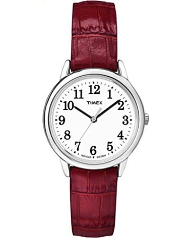 Timex Women's Easy Reader 30mm Watch – Silver-Tone Case White Dial with Red Croco Pattern Leather Strap