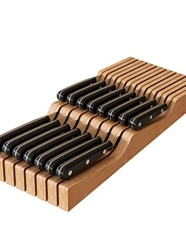 In-Drawer Knife Block Organizer - Bamboo Wood Drawer Knife Organizer-Protecting Knife Organizer Block (Not Included) (Natural, 15 Knives Dock)