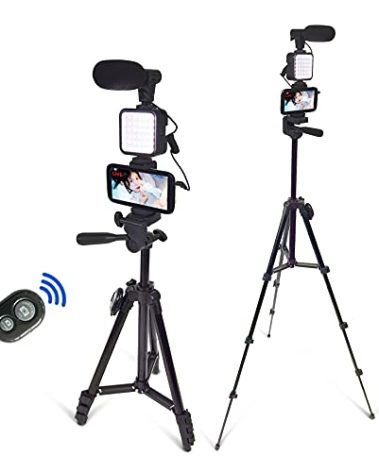 Smartphone Video Kit, Vlogging Kit, Youtuber Kit, with Microphone Light Tripod 50" Extendable Phone Clip Remote Control Compatible with iPhone/Smartphone/Cameras