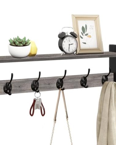 Homode Wall Hooks With Shelf, 24 Inch Coat Rack Wall Mount for Entryway, Clothes, Backpack, Key, Purse - Floating Shelf Hanging in Bathroom, Bedroom, Hallway, Rustic Grey