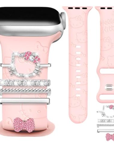 JR.DM Floral Engraved Band Compatible with Apple Watch 42mm 40mm 41mm 38mm Women, Soft Silicone Dressy Straps Decorative with Charms for iWatch Series 11 10 9 8 7 6 5 4 3 2 1 SE
