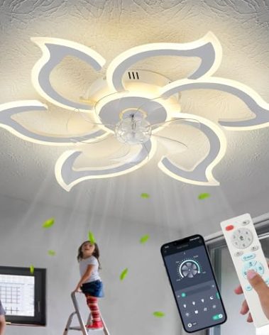 haodengshi 35" White Flower Ceiling Fan with Light Remote Control, 3 Light Color 6 Speeds Flush Mount Low Profile Ceiling Fan for Bedroom Kitchen