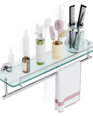 KOCOK 20-Inch Floating Tempered Glass Bathroom Shelf with Towel Bar - Chrome Polished & Stainless Steel, Wall Mount