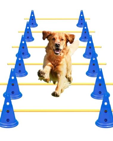 Oulores Dog Agility Hurdle Cone Set Dog Agility Course Backyard Set Include 12 Agility Cones 6 Agility Rods Agility Training Equipment Height Adjustable Obstacle with Storage Bag Blue