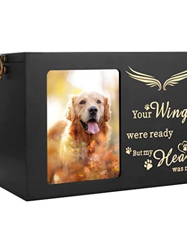 Pet Memorial Urns for Dog or Cat Ashes - Large Wooden Funeral Cremation Urns with Photo Frame, Keepsake Memory Box with Black Flannel Lining