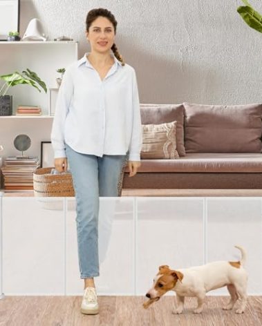 24 Inches Tall Retractable Dog Gate for The House, Short Baby Gates to Step Over, Extends up to 55" Wide, Reinforced Mesh Puppy Gate for Doorways, Step Over Pet Gate for Stairs, Indoor/Outdoor (White)