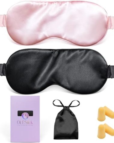 OLESILK 100% Natural Mulberry Silk Sleep Eye Mask 2 Pack with Double Layer Silk Filling, Blackout Eye Mask for Women Men Sleeping, Travel and Nap, Eye Cover Eyeshade with Gift Box, Pink & Black
