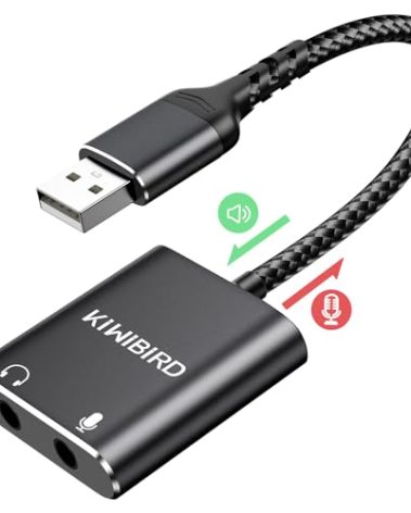 KiWiBiRD External USB Sound Card 3.5mm Jack Audio DAC Stereo Cards Adapter Line in Out Compatible with Headphone Headset Microphone Converter Gaming PC Laptop Mac PS5 PS4 Raspberry Pi Windows Linux