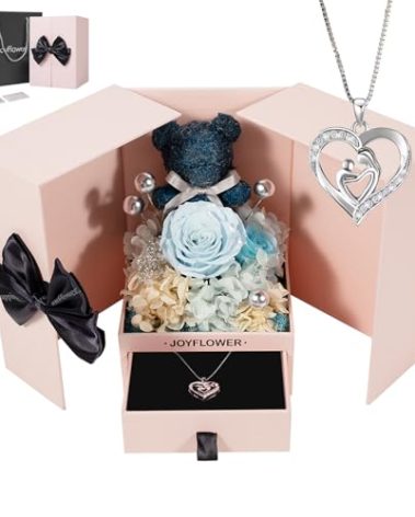 JoyFlower Preserved Flowers with Necklace Gifts for Mom, Unique Pearl Rose Eternal Flower Bear with Necklace Gift for Grandma, Preserved Real Blue Roses Birthday for Mother Grandma