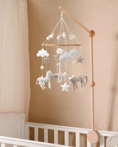Safari Mobile for Crib - A Neutral Handmade White Jungle Crib Mobile with Safari Animals Clouds and Stars for a Neutral Nursery