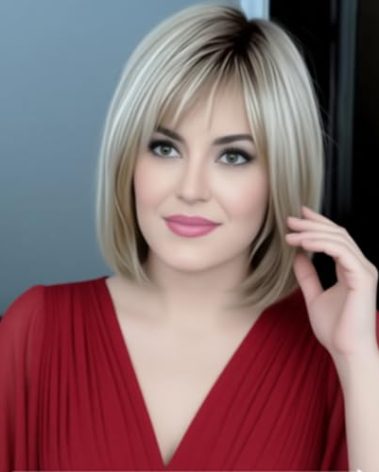RENERSHOW Blonde Highlight Short Pixie Bob Wig with Bangs Straight Ombre Blonde Synthetic Wig with Dark Roots Layered Blonde Wigs for Women Medium Bob Daily Party Wig
