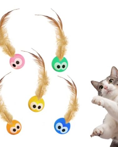 Bouncy Tails 5 Pack Interactive Bouncy Ball with Natural Feathers for Indoor Cats and Kittens who Love to Play and Have Fun.
