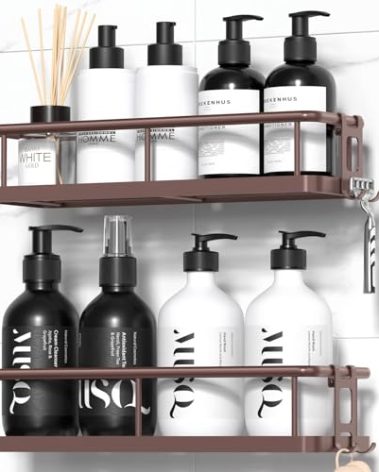YASONIC Shower Caddy 2 Pack Rustproof Shower Organizer, Large Capacity Shower Shelves for Inside Shower, Bathroom Organizers and Storage with Soap Holder and 12 Hooks, Adhesive Shower Storage Bronze