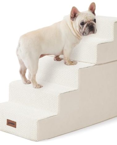 ZOMISIA Dog Steps for High Beds - Dog Stairs 2 in 1 with Zippers Suitable for Small Dogs, Foam Pet Stairs with Non Slip Bottom Grey 5 Steps, Beige