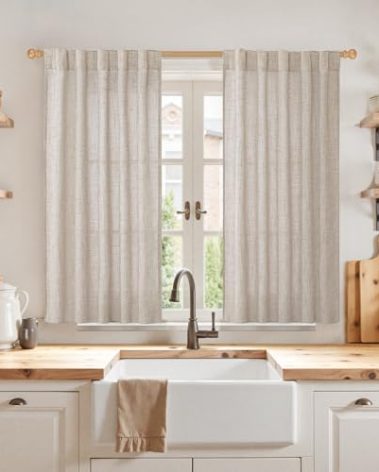 YoungsTex Short Linen Curtains 45 Inch Length for Kitchen Windows, Natural Light Filtering Drapes with Rod Pocket Back Tab Semi Sheer for Bathroom Cafe Window, 2 Panels, 42 X 45 Inch
