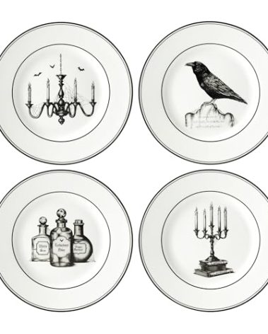 Lenox Dinnerware Set, Vintage Halloween 4-Piece Dessert Plate Set, Assorted, Set of 4 Ivory Porcelain Plates, Dishwasher Safe, Halloween Decor Indoor, Party Table Decorations (Black/White, 4 Piece)