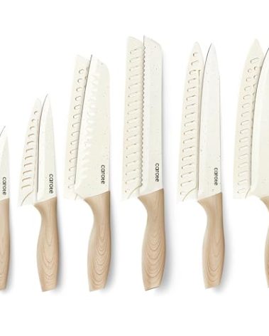 CAROTE 12PCS Knife set with Blade Guards,Granite Nonstick Ceramic Coating,Stainless Steel blade, Wood Grain Handle, Essential knife set,White
