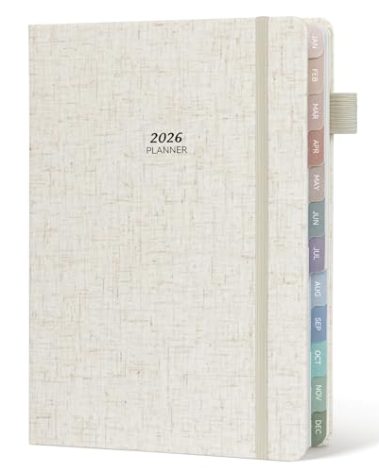 Getink 2026 Planner Weekly & Monthly Daily Agenda Book with Linen cover, 2026 To Do List Notebook with Colorful Monthly Tabs, Inner Pocket, Elastic Closure (Beige,5.5 * 8.5)