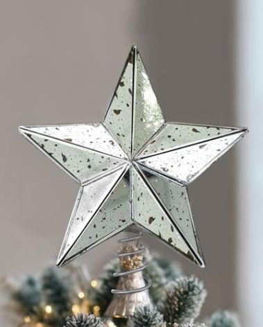 Gejoy 9.8 Inch Christmas Tree Topper Antique Mercury Glass Star Miniature Star Treetop Xmas Treetop Ornament for Tree Home Farmhouse Holiday Party Decorations(Silver, Vintage)