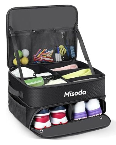 Misoda Golf Trunk Organizer with Shoe Storage, Golf Gifts for Men,2-Pair Capacity, Waterproof Car Trunk Locker Storage Box for Golf Gear and Accessories,Golfer Gifts