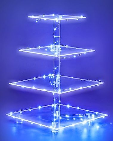 weddingwish Cupcake Stand, 4-Tier Square Acrylic Cupcake Display Stand with LED String Lights Dessert Tower Pastry Stand for Birthday or Wedding Party