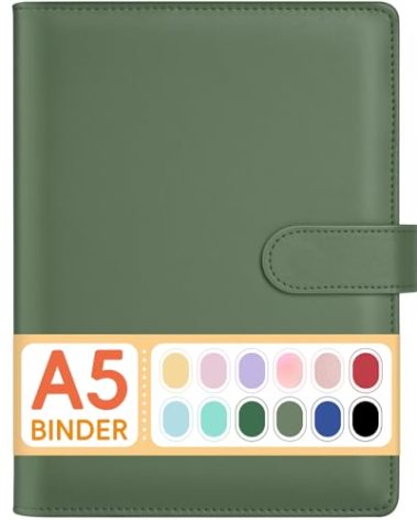 Sooez A5 Notebook Binder, 6 Ring Planner with Stylish Design, Loose Leaf Personal Organizer Cover with Magnetic Buckle Closure, PU Leather Binder for Women with Macaron Colors (Olive Green)