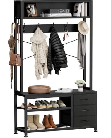 Lulive Hall Tree with Bench and Shoe Storage, 31.5" Coat Rack Freestanding with 2-Tier Storage Shelf, 6-in-1 Entryway Bench Coat Rack with 12 Hooks and 3 Drawers(Black)