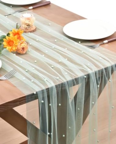 Dlpafzy Sage Green Pearl Fall Thanksgiving Table Runner Boho Rustic Tulle Lace Table Runner for Baby Shower Wedding Arch Decor Veil Dessert Table Decor
