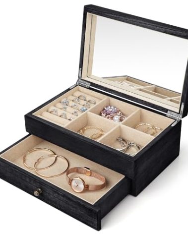 Meangood Jewelry Box Organizer for Women, 2 Layer Large Jewelry Storage Case, Rustic Wooden Jewelry Box with Mirror & Ring Tray for Necklace Earring Bracelets Rings, Vintage Style (Black)
