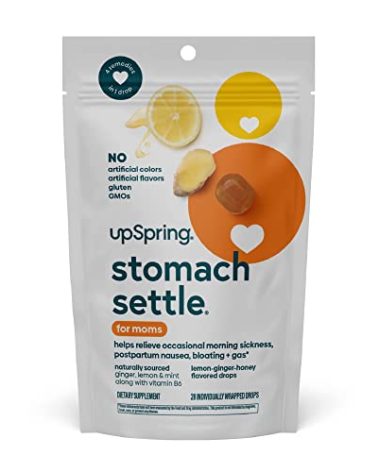 UpSpring Stomach Settle for Moms Drops for Occasional Morning Sickness with Ginger, Lemon, Spearmint, and B6. Individually Wrapped Drops, 28 Ct(Packaging May Vary)