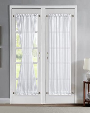 Warm Home Designs Sheer White French Door Curtains Set of 2. Each Curtain for Door Window Set Comes with 2 Tie-Backs. 30 x 72 Inch Sidelight Window Treatments or Glass Door Curtains. KFR White 30x72
