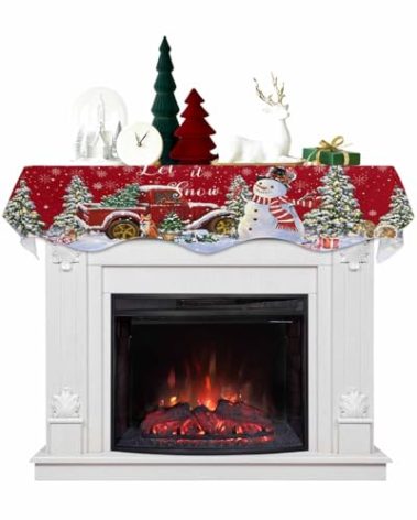 Winter Christmas Fireplace Mantel Scarf Cover, Mantel Shelf Top Scarf Runner for Christmas Halloween Thanksgiving Fall Indoor Decorations Red Truck Snowman Pine Tree 70'' L x 17'' W