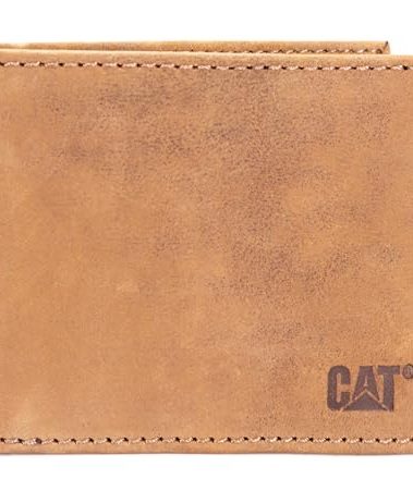 Caterpillar Men's Leather Bifold Wallet with ID Window, Men’s Leather Passcase , Tan, One Size