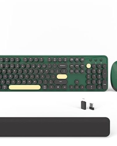 Colorful Wireless Computer Keyboards Mouse Combos, Cute Retro Typewriter Keyboard with Round Keycaps, 2.4 GHz 104 Keys Full-Sized USB/Type C Receiver Keyboard and Optical Mouse（Dark Green）