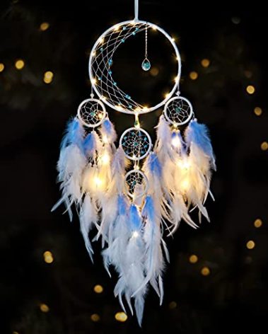 KHOYIME LED Light Up Dream Catcher Half Circle Moon Decor with Lights Handmade Feather Dreamcatchers for Bedroom Bohemian Home Decor Wedding Ornament Craft Gift for Girls Boys (Blue)