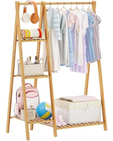 COOGOU Small Clothes Racks,Kids Clothes Hanging Rack, Bamboo Wood Clothing Garment Rack with Shelves, Free Standing Corner Dress Costume Rack for Small Place,Bedroom,Bathroom, Portable