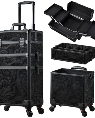 FRENESSA 3 in 1 Rolling Makeup Train Case Professional Cosmetic Trolley Large Storage with Keys Swivel Wheels Salon Barber Case Traveling Cart Trunk for Make Up Hairstylists Nail Tech, Alpine Black