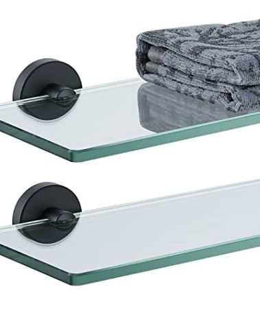 JQK Bathroom Glass Shelf Black, Tempered Glass Shower Storage 16 by 5 inches, 304 Stainless Steel Matte Black Wall Mount 2 Pack, TGS101L16-PB-P2