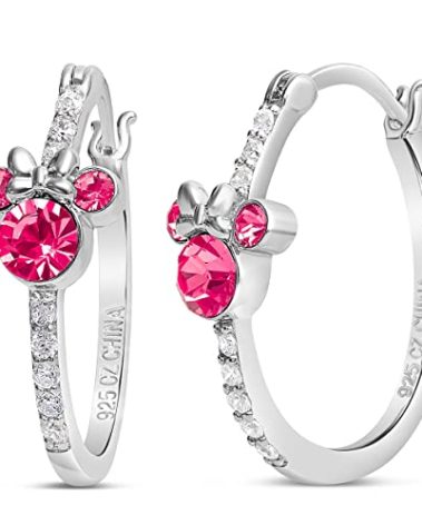 Disney Jewelry for Women Minnie Mouse Sterling Silver Cubic Zirconia Hoop Earrings, October Birthstone