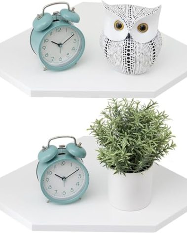 Corner Floating Shelves, White Corner Wall Shelf Set of 2, Solid Oak Wood Corner Shelves Wall Mount Shelf with Wire Hole Small Plant Display for Kitchen Living Room Bedroom