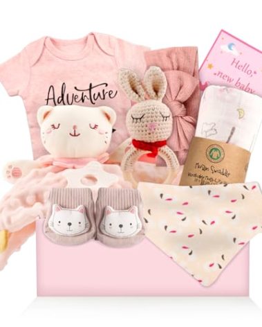 Baby Girl Gifts,Baby Gifts for Girls,Newborn Baby Gifts for Girls,Baby Shower Gifts for Girl,Newborn Baby Girls Gift Basket,Unique Pink Newbaby Gift Set (9pcs)