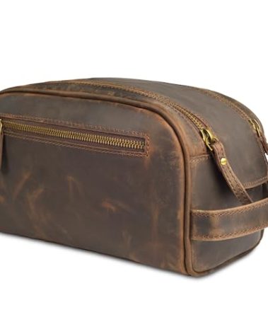LEATHER VILLAGE Premium Leather Toiletry Travel Pouch With Waterproof Lining - Brown | King-Size Handcrafted Vintage Dopp Kit Bag, Shaving & Bathroom Organizer, Gift for Men & Women