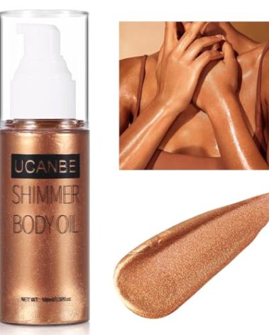 UCANBE Body Shimmer Oil 100ml, Moisturizing Body Glow Glitter Oil, Waterproof Shimmering Luminizer Liquid Illuminator Highlighter, Tinted Shimmer Lotion Glowing Bronzer Makeup(Golden Brown)