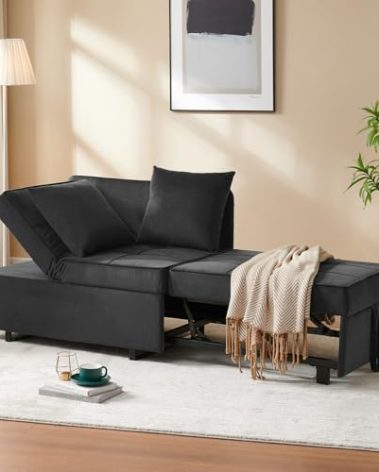 Sofa Bed 4-in-1 Convertible pull out Couch, Velvet Love seat Couch Sleeper Chair Bed with 2 Throw Pillow, Single Recliner with 5 Adjustable Backrests for Living Room Apartment Small Space, Dark Grey