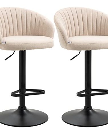 HOMCOM Adjustable Bar Stools Set of 2, Modern Counter Height Barstools, Linen Fabric Upholstered Kitchen Stools with Swivel Seat, Steel Frame, Footrest, Beige