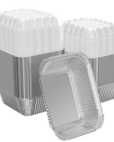 iHomeSet 200 Pack 1 lb Rectangular Disposable Aluminum Foil Pan 16 oz Take Out Food Containers with Clear Plastic Dome Lids, for Catering, Baking, Roasting Food