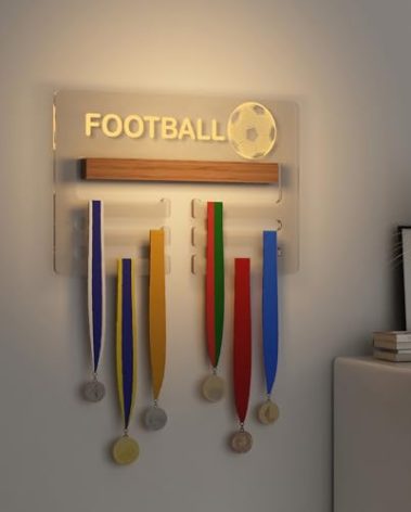 Ammonite Light up Medal Hanger Display, Holder Rack for Awards or Ribbons, Sports Themed Ribbon Holder for Wall, Tiered Award Rack (Football)